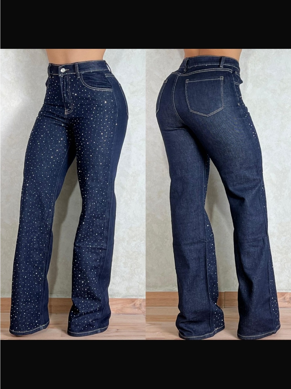 High-Rise Dark Blue Rhinestone Straight-Leg Jeans